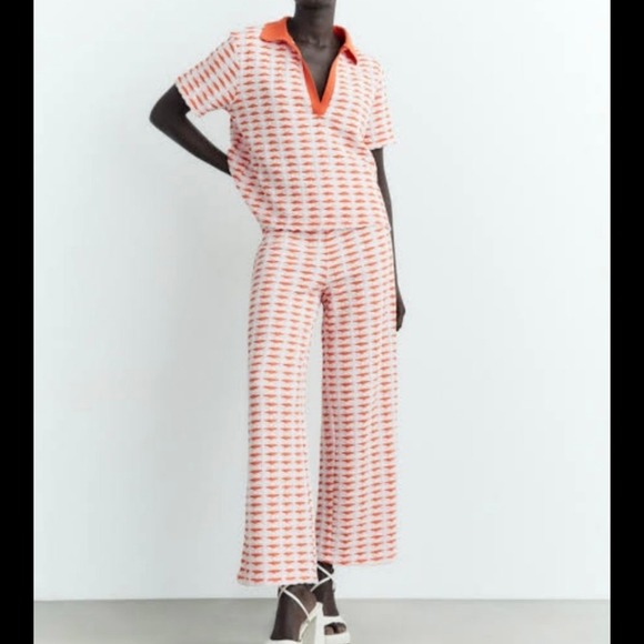 Zara Pants - Zara Women's Jacquard Green Pink Colorway Polo Straight Leg Pant Set - Large